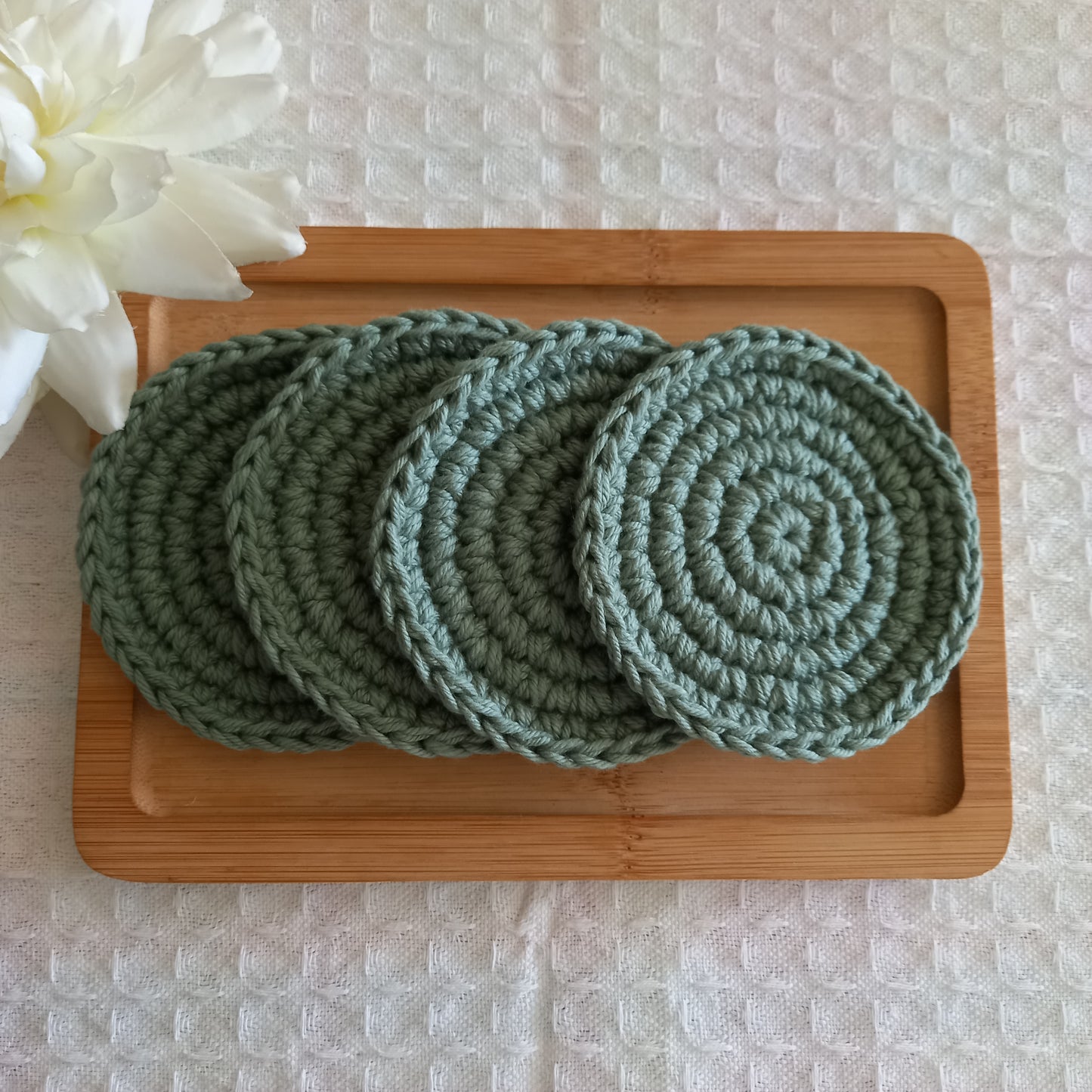 100% Cotton Coaster Set, Round, Sage, Kitchen Linen - 10cm