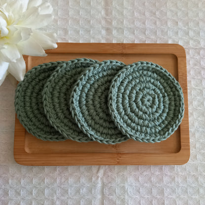 100% Cotton Coaster Set, Round, Sage, Kitchen Linen - 10cm