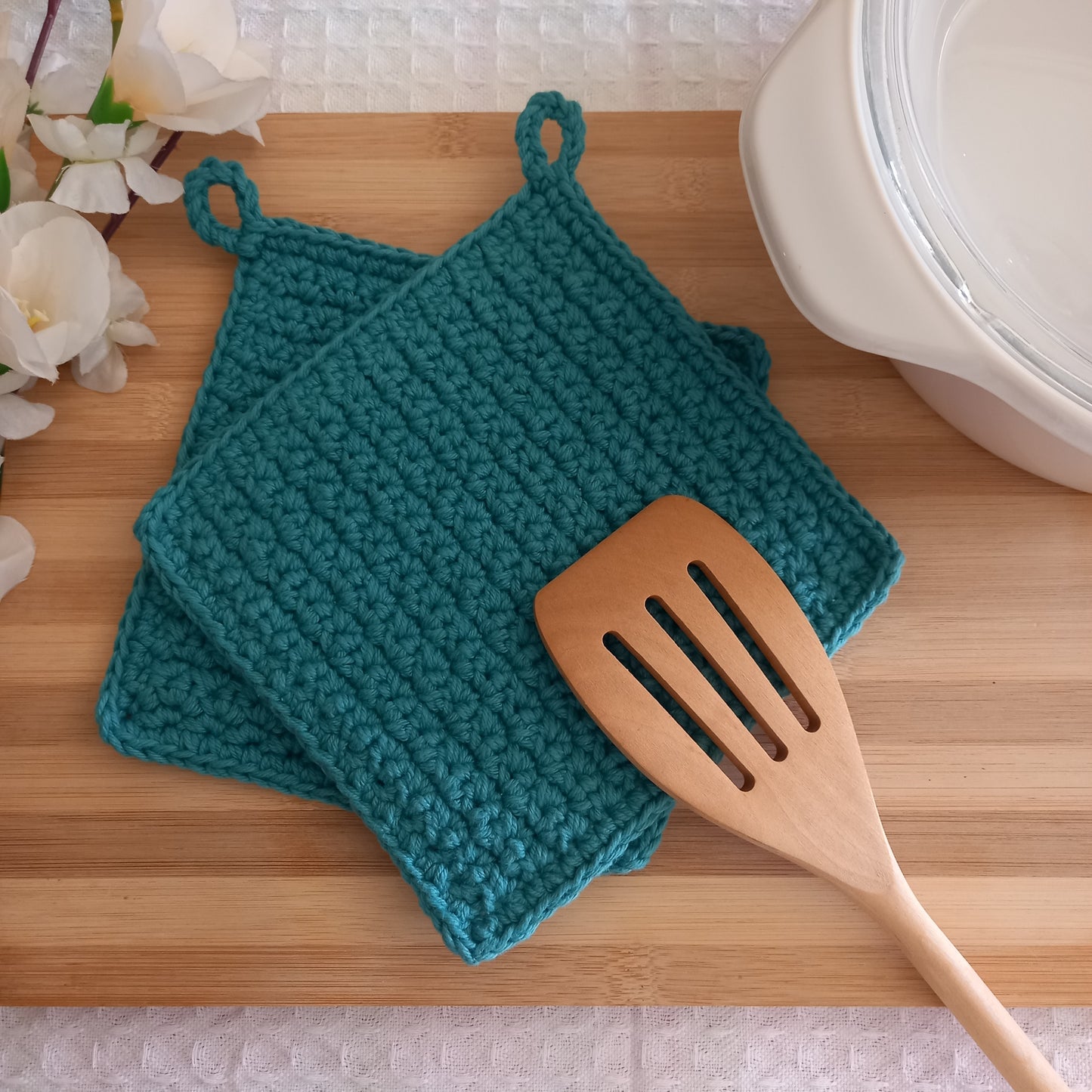 100% Cotton Teal Pot Holder Set - 2pcs