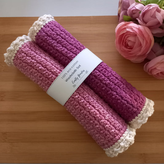 100% Eco-Cotton Washcloth Set - 2pcs, Pink, 23cm x 23cm