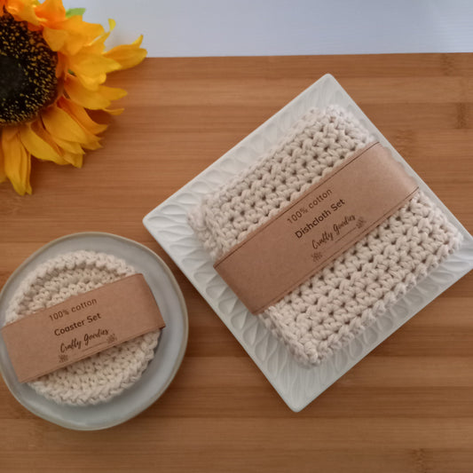 100% Cotton Natural Dishcloth & Coaster Set - 4pcs