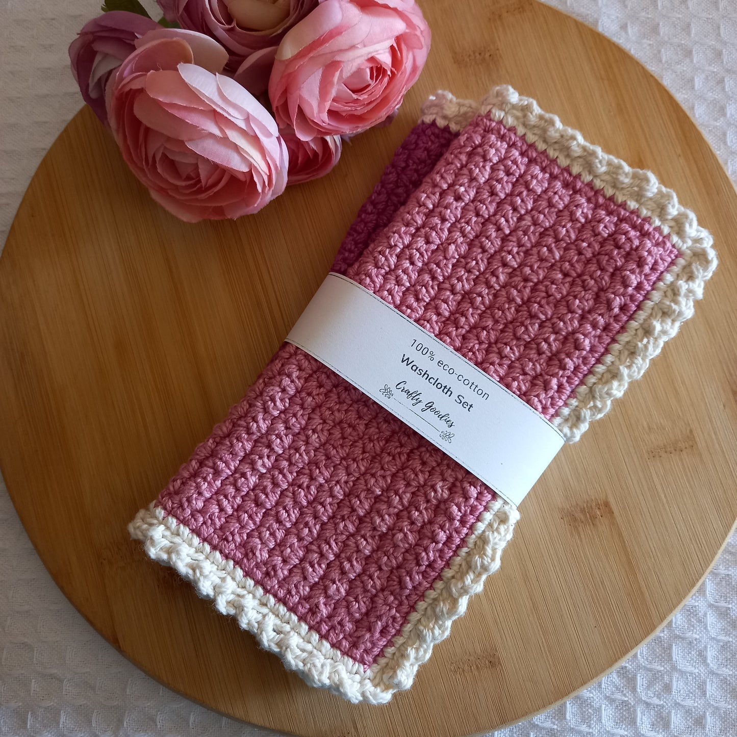 100% Eco-Cotton Washcloth Set - 2pcs, Pink, 23cm x 23cm